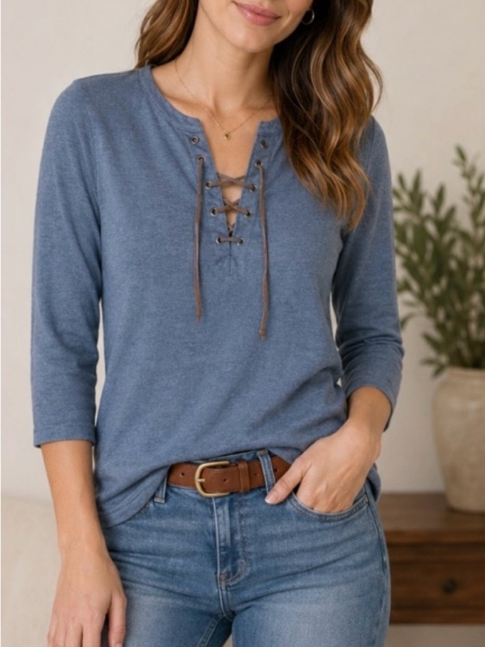 Lauren Jeans Co Ralph Lauren Lace Up Henley Top Blue 3/4 Sleeve Western Small